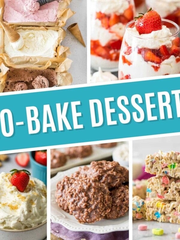 Collage of no-bake desserts including no-churn ice cream, eton mess, cheesecake dip, no-bake cookies, and lucky charms treats.