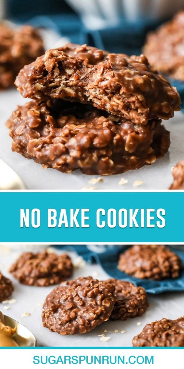 collage of no bake cookies, top image of two cookies stacked with bite taken out of top one, bottom image of multiple cookies neatly spread out with focus on two closer up