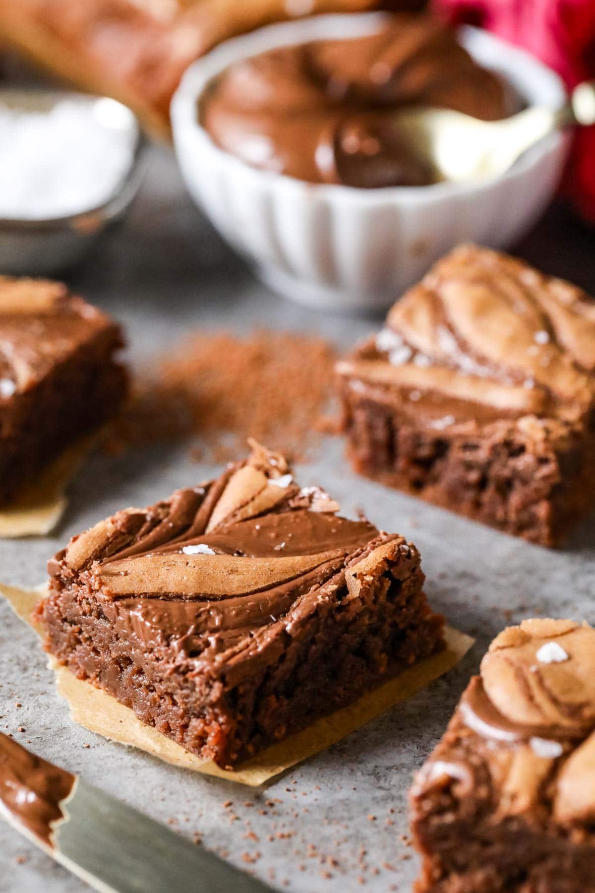 Small squares of brownies made with Nutella.