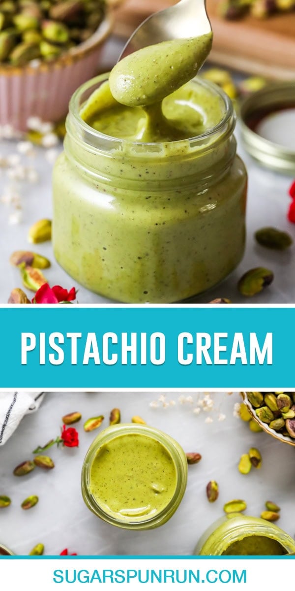collage of pistachio cream, top image of jar of cream, bottom of bird eyes view of full jar of cream