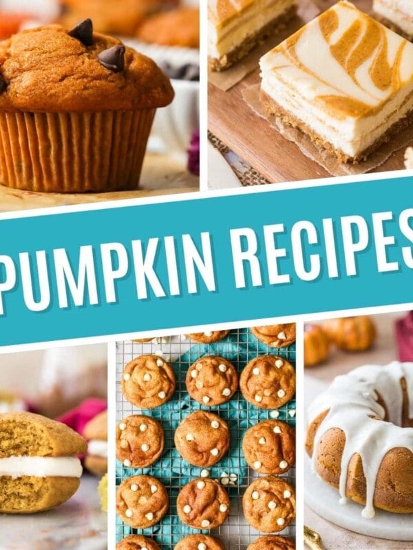 Collage of pumpkin recipes including pumpkin muffins, pumpkin cheesecake bars, pumpkin whoopie pies, pumpkin cheesecake cookies, and pumpkin bundt cake.