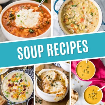 Collage of soup recipes including lasagna soup, chicken pot pie soup, potato soup, french onion soup, and butternut squash soup.