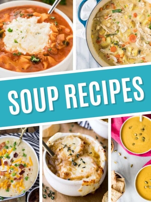 Collage of soup recipes including lasagna soup, chicken pot pie soup, potato soup, french onion soup, and butternut squash soup.