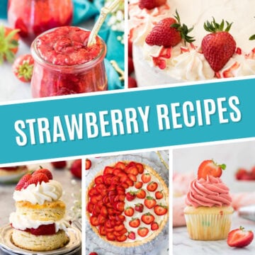 Collage of strawberry recipes including strawberry sauce, strawberry cake, strawberry shortcake, strawberry tart, and strawberry frosting.