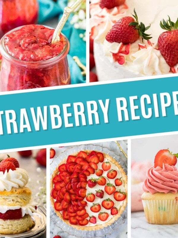 Collage of strawberry recipes including strawberry sauce, strawberry cake, strawberry shortcake, strawberry tart, and strawberry frosting.