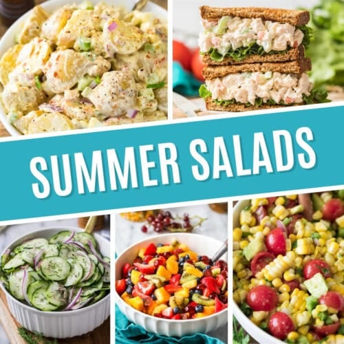 Collage of summer salads including potato salad, chicken salad, cucumber salad, fruit salad, and corn salad.
