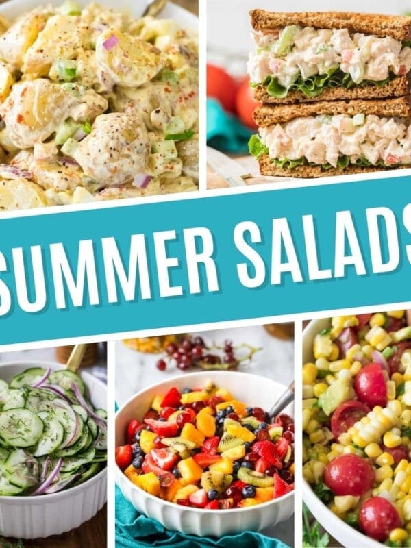 Collage of summer salads including potato salad, chicken salad, cucumber salad, fruit salad, and corn salad.