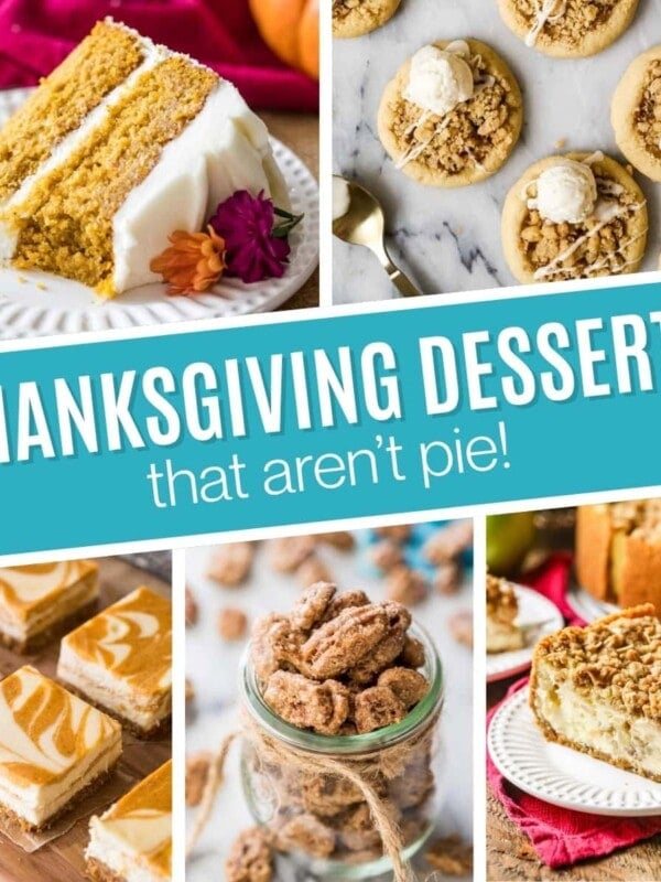 Collage of Thanksgiving desserts including pumpkin cake, apple pie cookies, pumpkin cheesecake bars, candied pecans, and apple pie cheesecake.