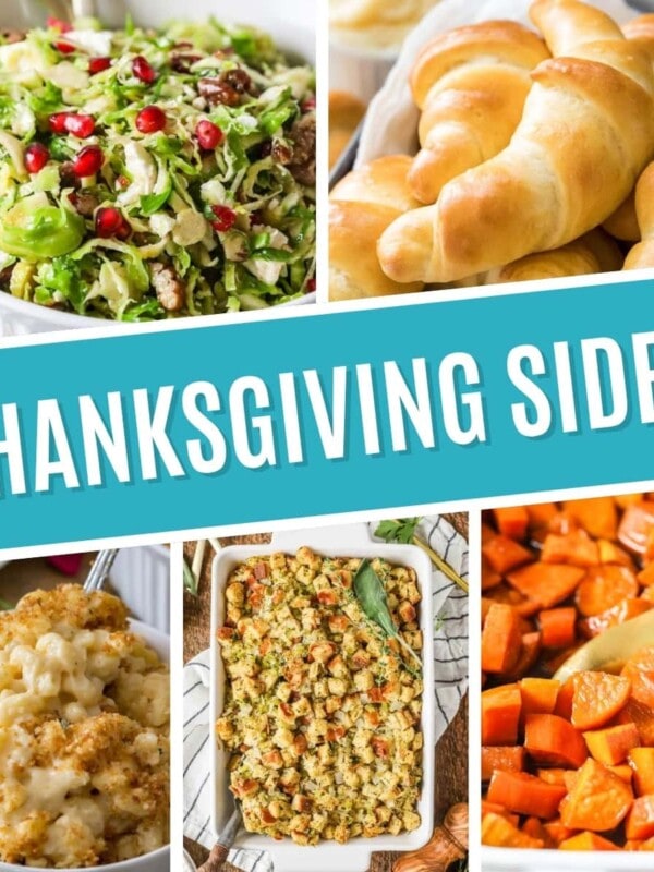 Collage of Thanksgiving sides including brussels sprouts salad, crescent rolls, baked macaroni and cheese, stuffing, and candied yams.