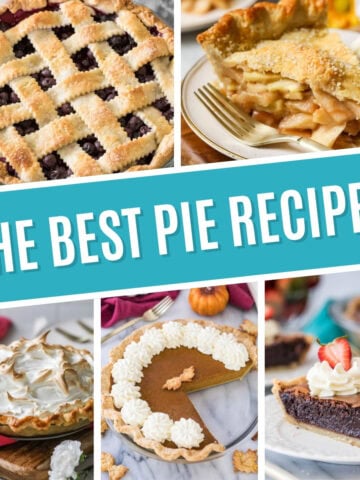 Collage of pie recipes including blueberry pie, apple pie, lemon meringue pie, pumpkin pie, and chocolate chess pie.