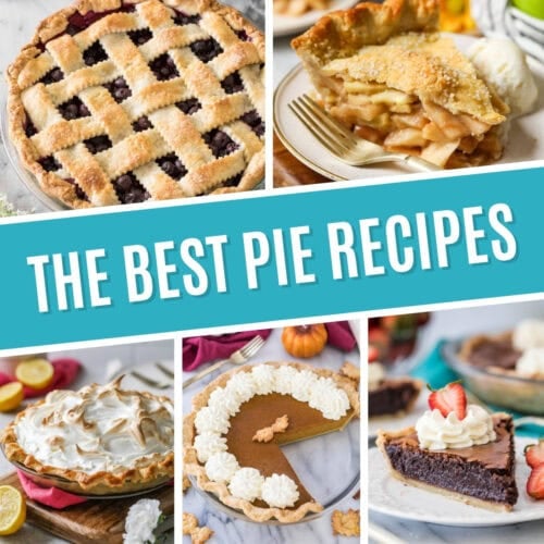 Collage of pie recipes including blueberry pie, apple pie, lemon meringue pie, pumpkin pie, and chocolate chess pie.