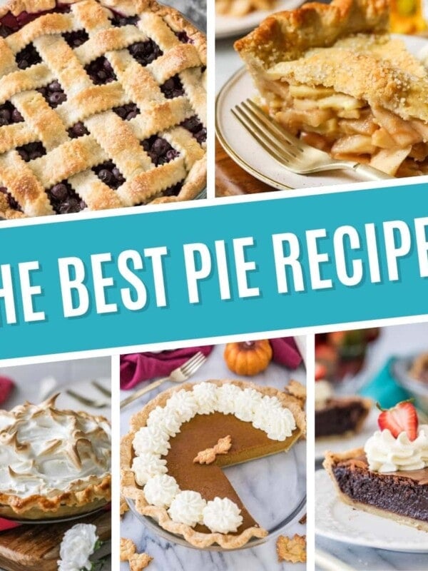 Collage of pie recipes including blueberry pie, apple pie, lemon meringue pie, pumpkin pie, and chocolate chess pie.