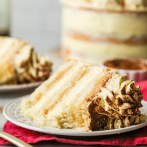 Slice of tiramisu layer cake with one bite missing on a plate.
