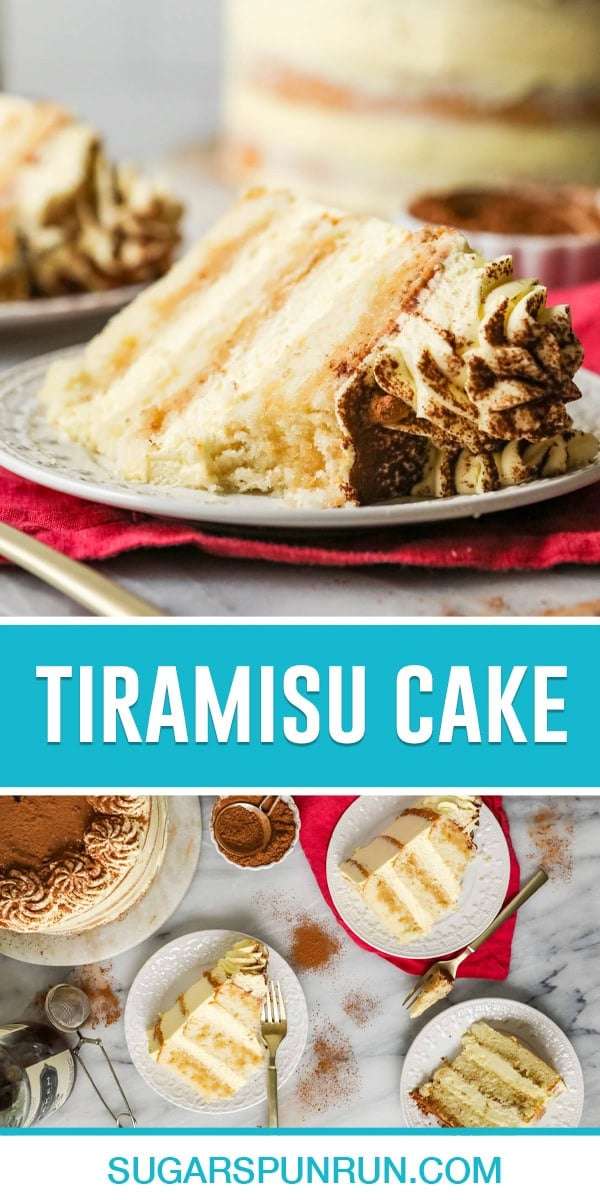 collage of tiramisu cake, top image of single slice of cake, bottom image is a birds eye of view of multiple slices of cake on whote plates