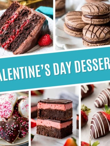 Collage of Valentine's Day desserts including chocolate raspberry cake, chocolate macarons, valentine's cookies, strawberry brownies, and chocolate covered strawberries.