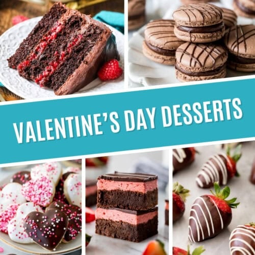 Collage of Valentine's Day desserts including chocolate raspberry cake, chocolate macarons, valentine's cookies, strawberry brownies, and chocolate covered strawberries.