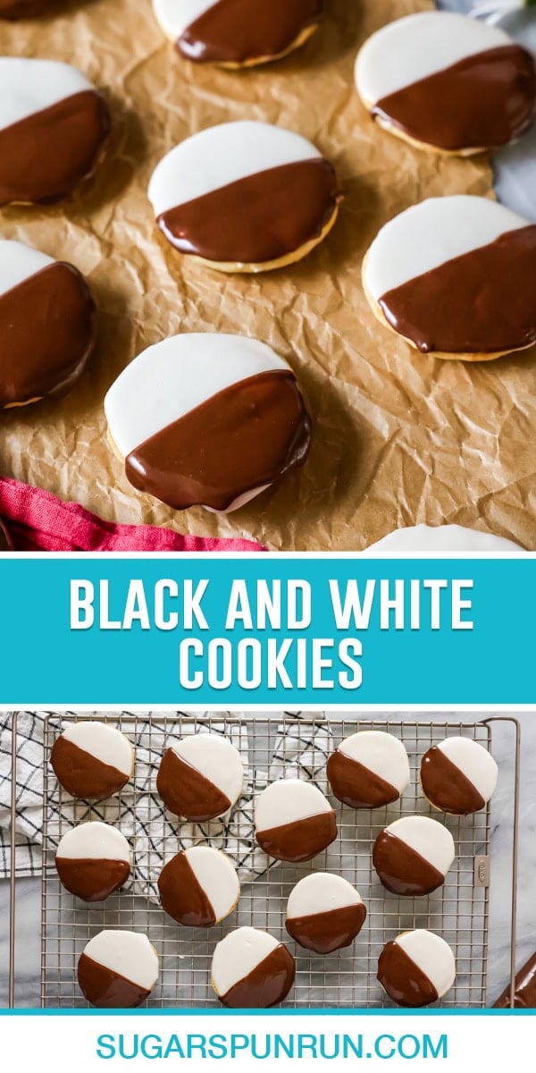 collage of black and white cookies, top image is a close up of multiple cookies evenly spaced out on parchment paper, bottom image is a birds eye view of cookies on gold cooling rack neatly placed