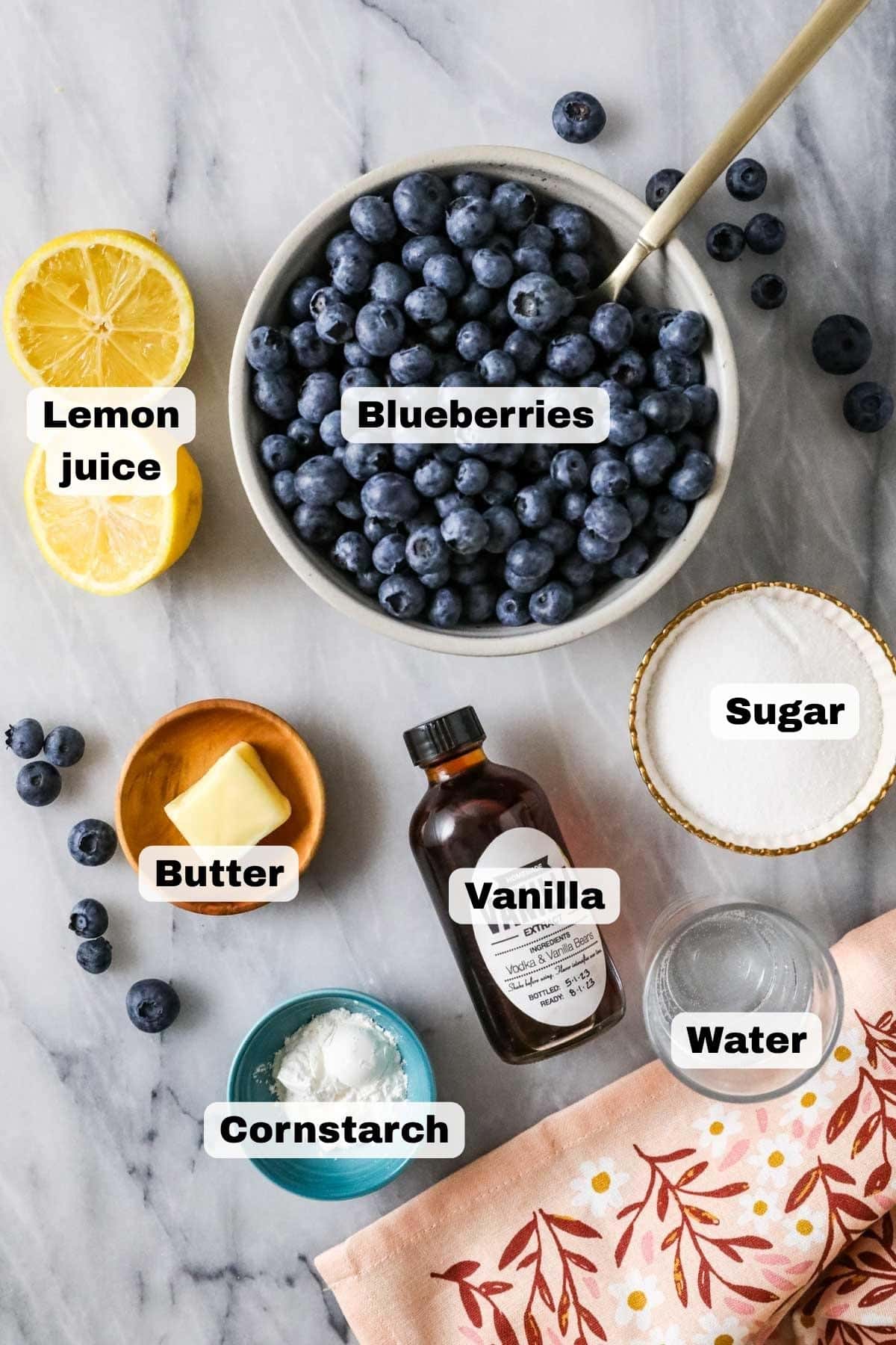 Overhead view of the ingredients used for blueberry sauce.