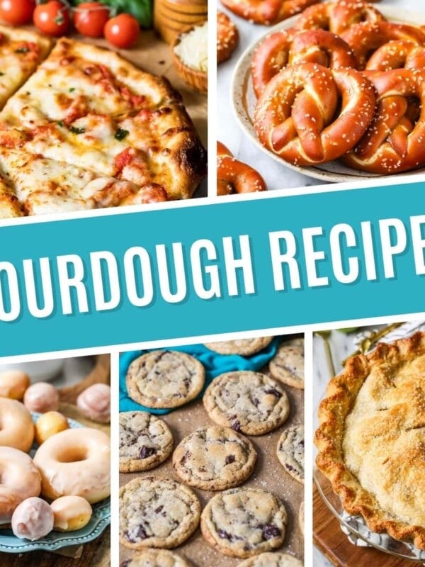 Collage of sourdough recipes including sourdough pizza crust, sourdough pretzels, sourdough donuts, sourdough chocolate chip cookies, and sourdough pie crust.
