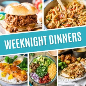 Collage of weeknight dinners including sloppy joes, cajun chicken pasta, maple glazed salmon, taco salad, and pretzel crusted chicken.