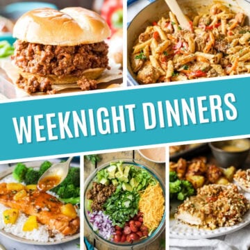 Collage of weeknight dinners including sloppy joes, cajun chicken pasta, maple glazed salmon, taco salad, and pretzel crusted chicken.