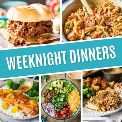 Collage of weeknight dinners including sloppy joes, cajun chicken pasta, maple glazed salmon, taco salad, and pretzel crusted chicken.
