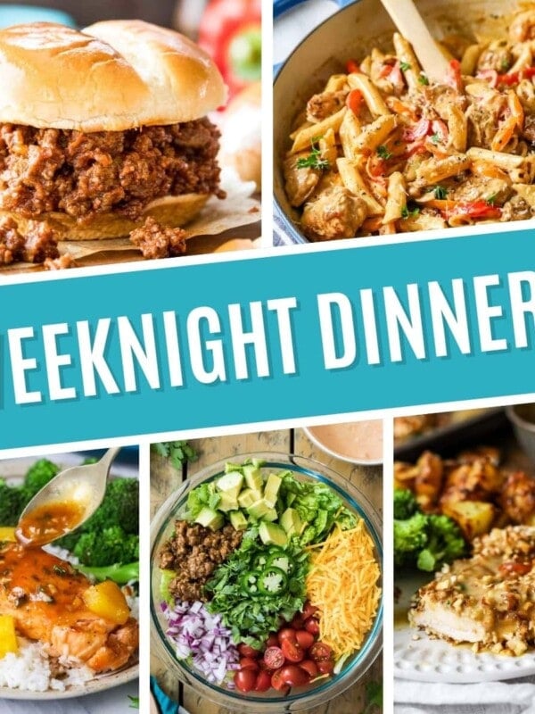 Collage of weeknight dinners including sloppy joes, cajun chicken pasta, maple glazed salmon, taco salad, and pretzel crusted chicken.