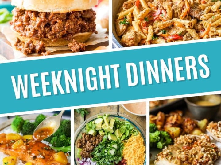 Collage of weeknight dinners including sloppy joes, cajun chicken pasta, maple glazed salmon, taco salad, and pretzel crusted chicken.