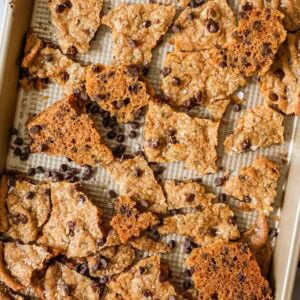 Overhead view of cookie brittle on a baking sheet.
