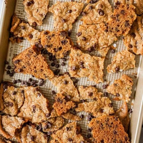 Overhead view of cookie brittle on a baking sheet.
