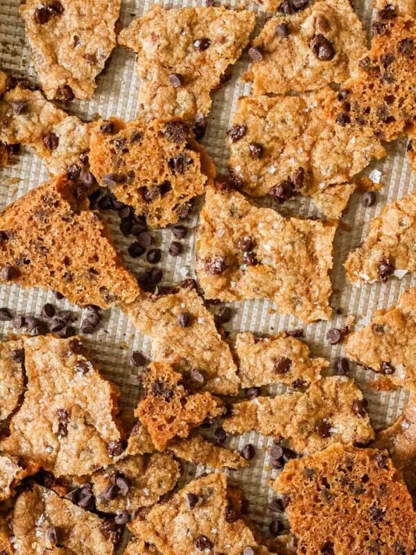 Overhead view of cookie brittle on a baking sheet.