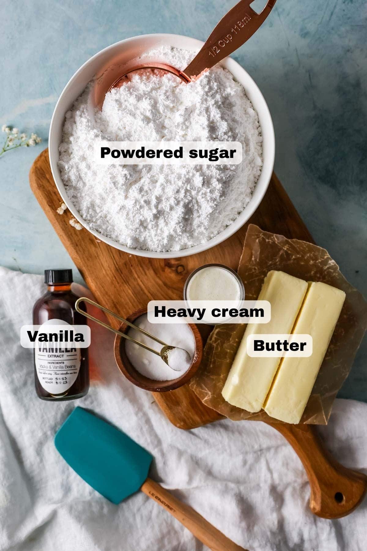 Overhead view of the ingredients for buttercream frosting