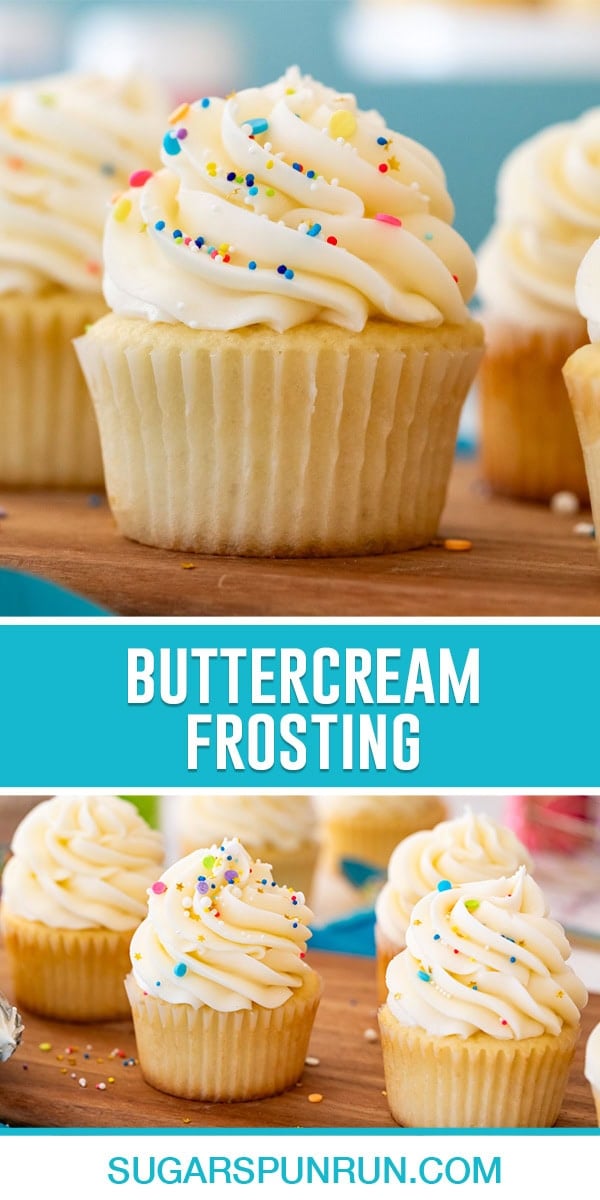collage of buttercream frosting, top image close up cupcake frosted, bottom image of multiple cupcakes frosted