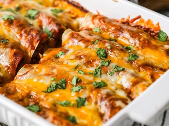 Chicken enchiladas in a white baking dish topped with chopped cilantro.