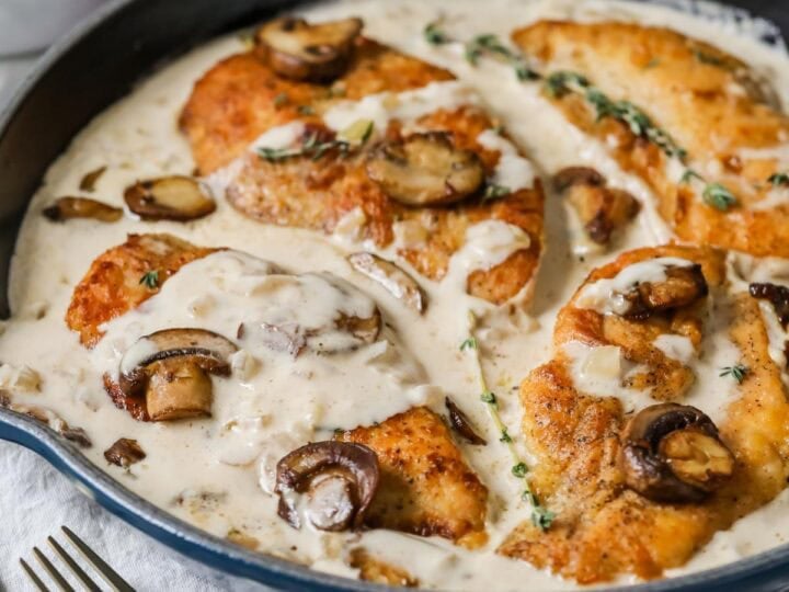 Skillet of creamy mushroom chicken.