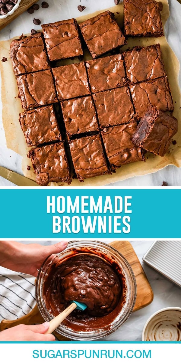 collage of homemade brownies, top image of brownies sliced, bottom image of brownie batter being mixed in glass bowl.