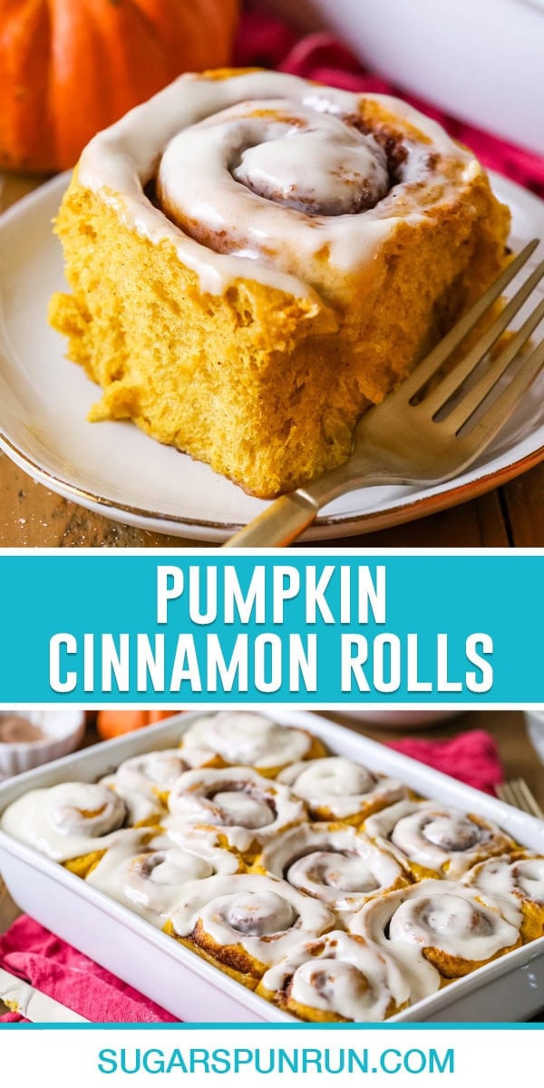 collage of pumpkin cinnamon rolls, top image of single roll on white plate, bottom image of multiple rolls in casserole dish perfectly iced