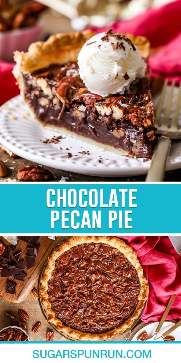 collage of chocolate pecan pie, top image is a single slice with scoop of ice cream on top, bottom image full pie photographed from above
