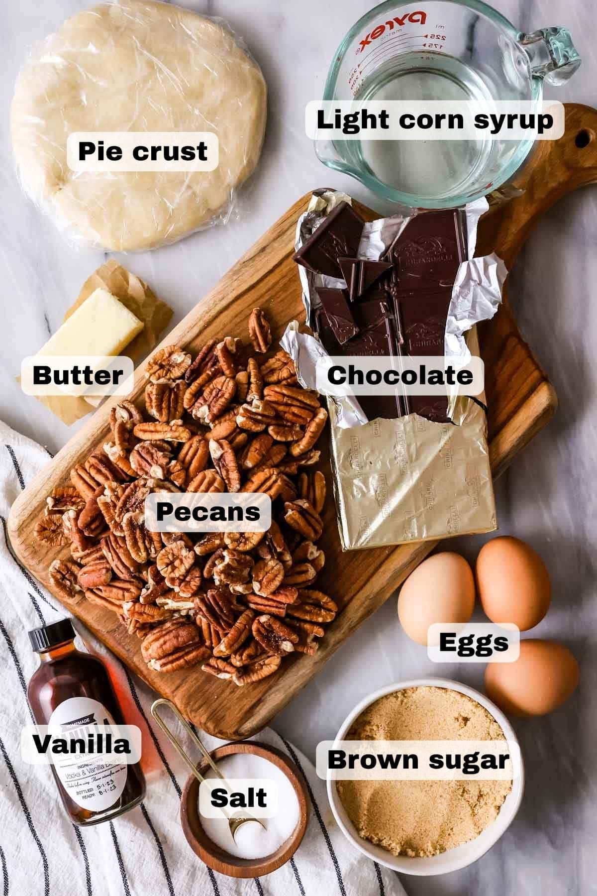 Overhead view of ingredients needed to make my chocolate pecan pie recipe.