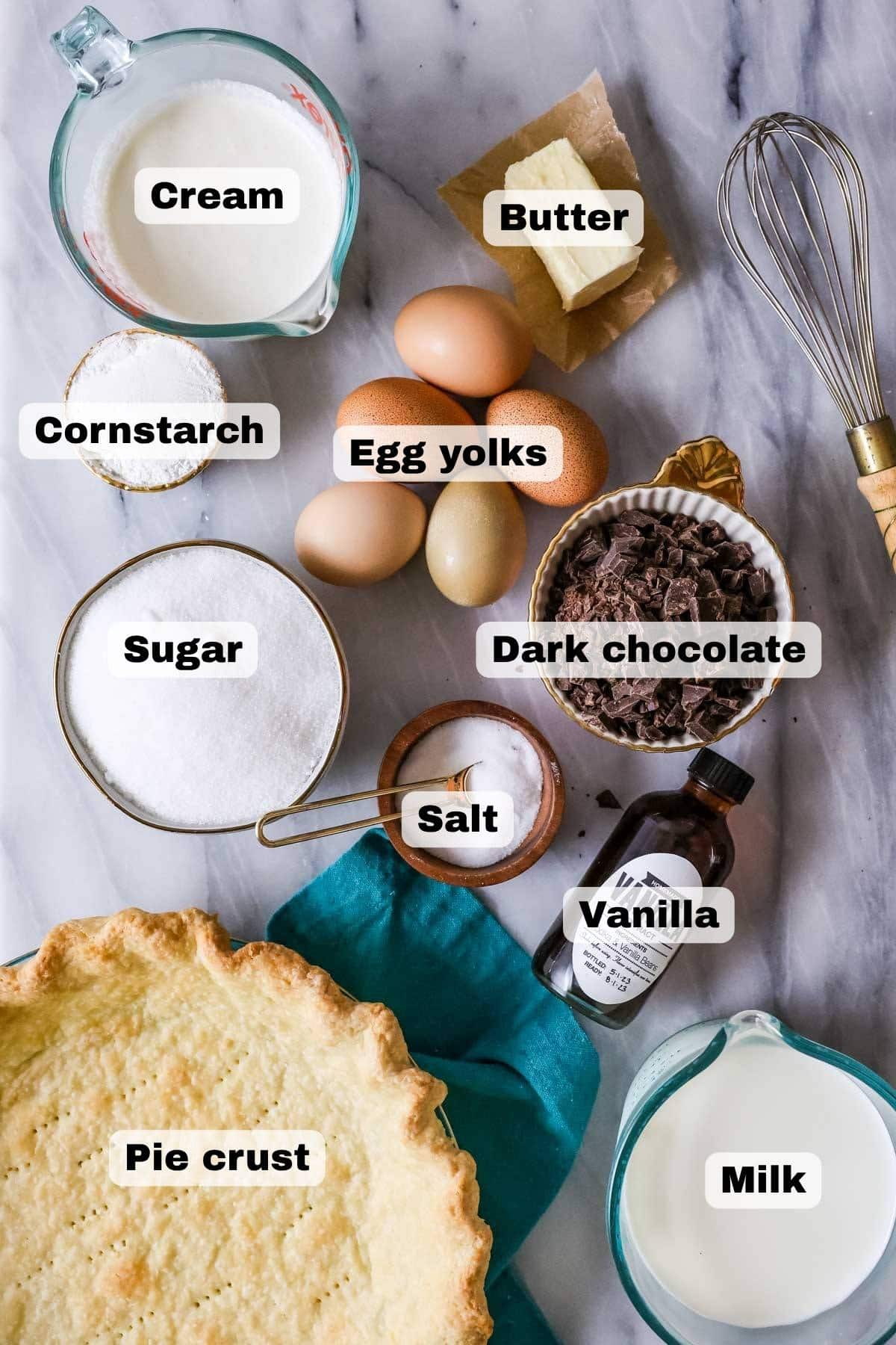 Overhead view of ingredients needed to make my chocolate pie recipe, including a blind baked crust, chocolate, eggs, and more.