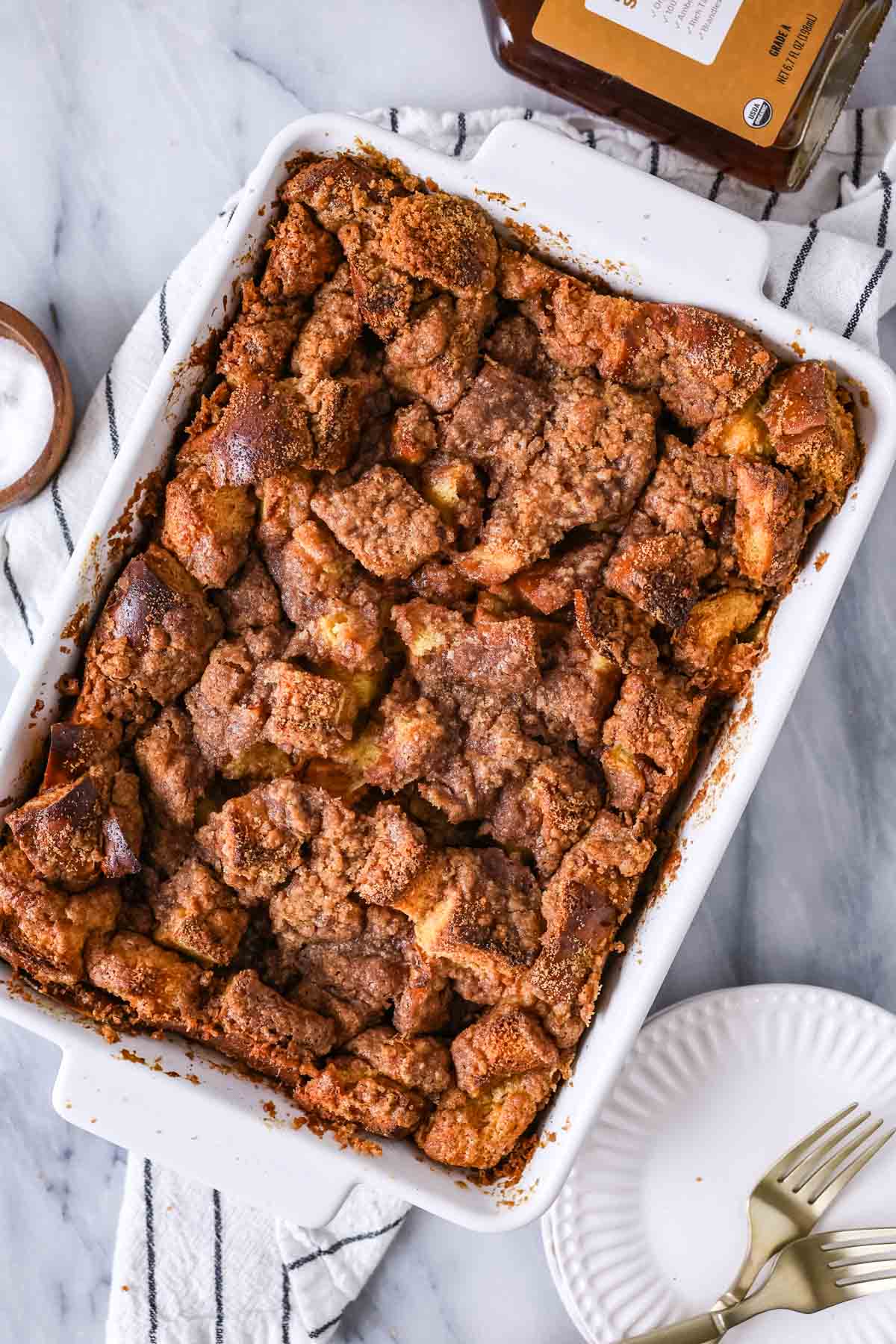 Overhead view of a French toast casserole after baking.