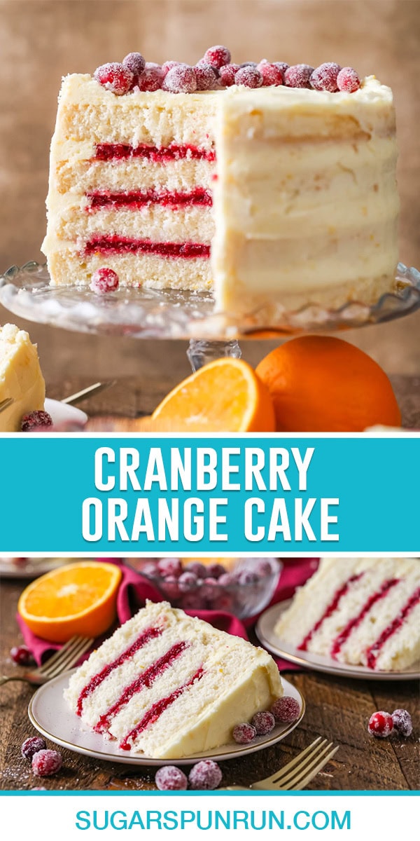 collage of cranberry orange cake, top image of full cake with slice removed so you can see the layers, bottom image of close up of single slice