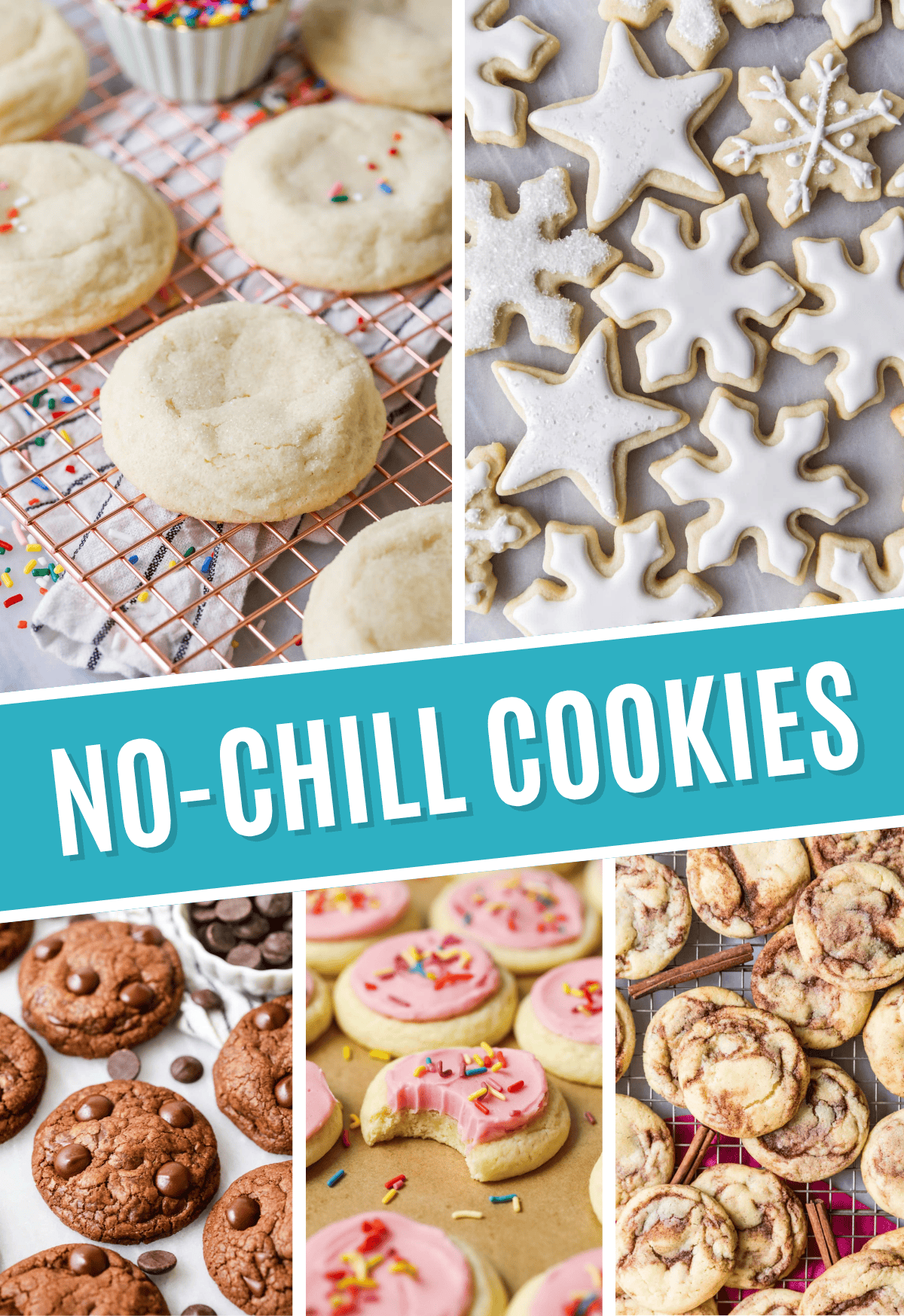 Collage of no-chill cookies including sugar cookies, double chocolate cookies, and cinnamon cookies.