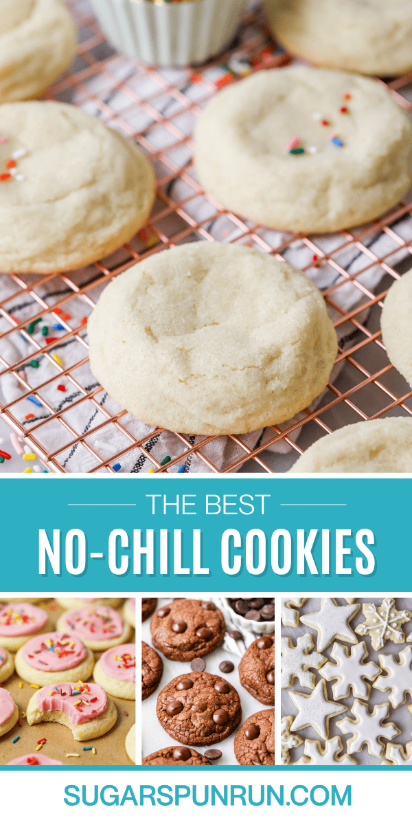 Collage of no-chill cookies including sugar cookies, double chocolate cookies, and cinnamon cookies.