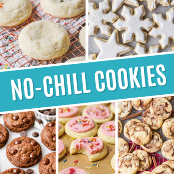 Collage of no-chill cookies including sugar cookies, double chocolate cookies, and cinnamon cookies.