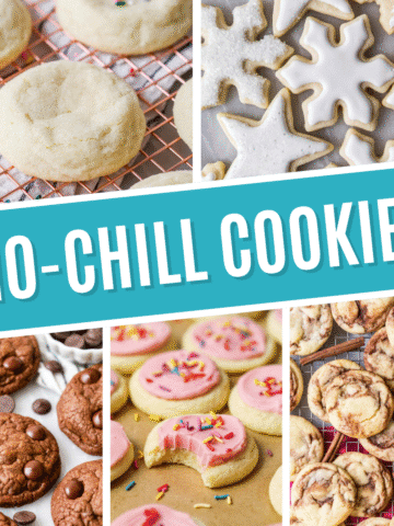 Collage of no-chill cookies including sugar cookies, double chocolate cookies, and cinnamon cookies.