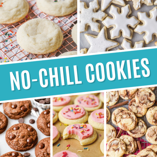 Collage of no-chill cookies including sugar cookies, double chocolate cookies, and cinnamon cookies.
