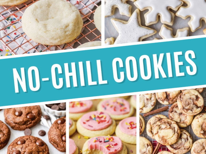 Collage of no-chill cookies including sugar cookies, double chocolate cookies, and cinnamon cookies.