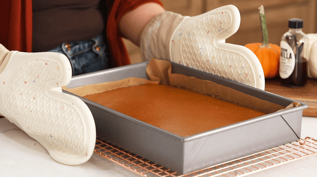 Sheet pan of pumpkin pie bars fresh from the oven.