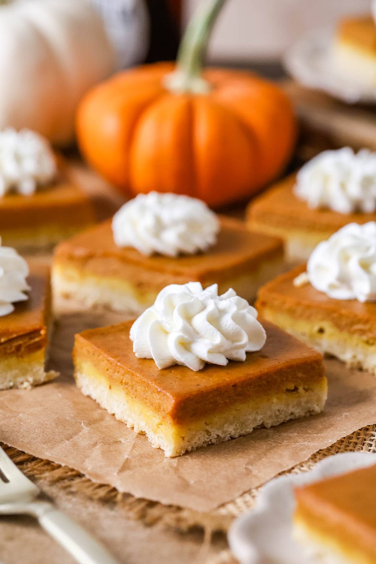 Individual pumpkin pie bars topped with whipped cream.